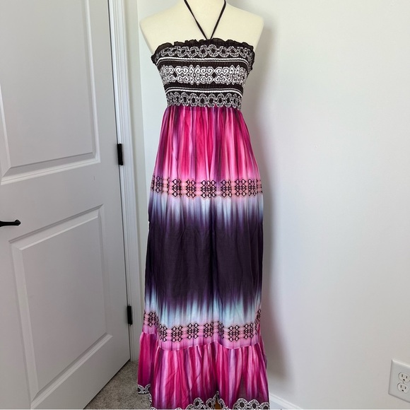 VTG Boston Proper Women’s Silk Cotton Maxi Dress Sz 8Tie Dye Beach Summer Halter - Picture 1 of 10